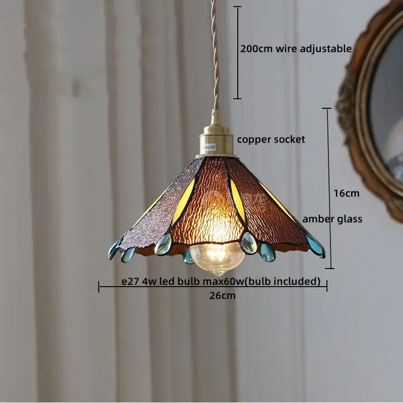 Tiffany stained glass copper led pendant lamp with warm amber glass copper led shade and adjustable 200cm wire