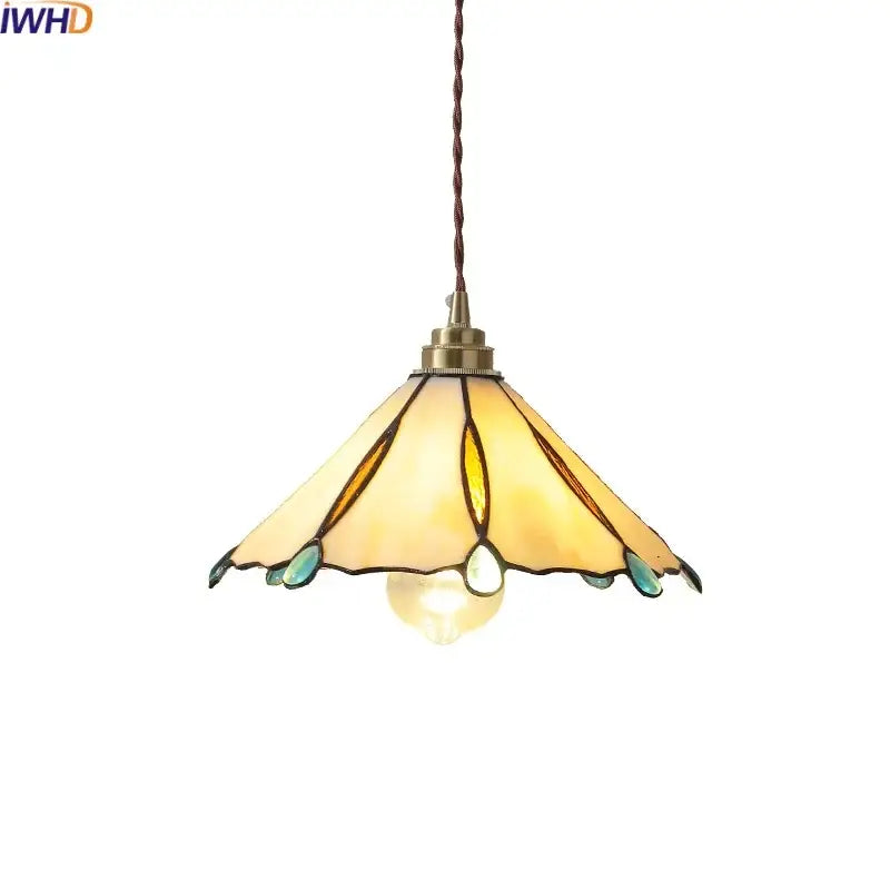 Tiffany stained glass copper led pendant lamp with warm amber shade and teal accents for dining room lighting
