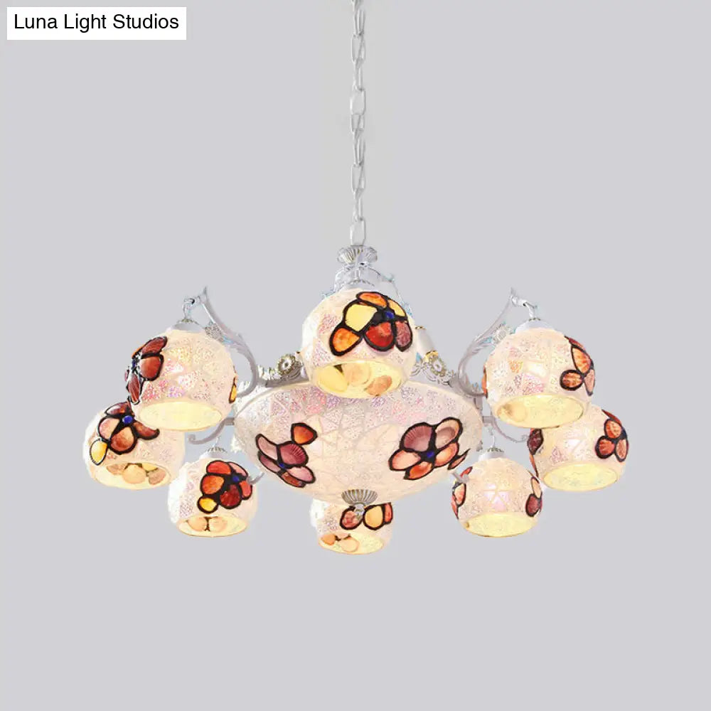Tiffany Stained Glass Flower Chandelier Pendant Light Fixture - 5/9/11 Lights, White Ceiling Mount