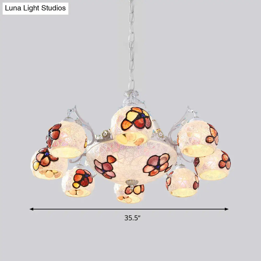 Tiffany Stained Glass Flower Chandelier Pendant Light Fixture - 5/9/11 Lights, White Ceiling Mount
