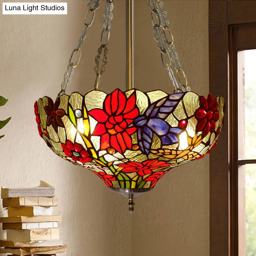 DecorBites™ Tiffany Stained Glass Flower Semi-Flush Ceiling Light with 3 Red Heads
