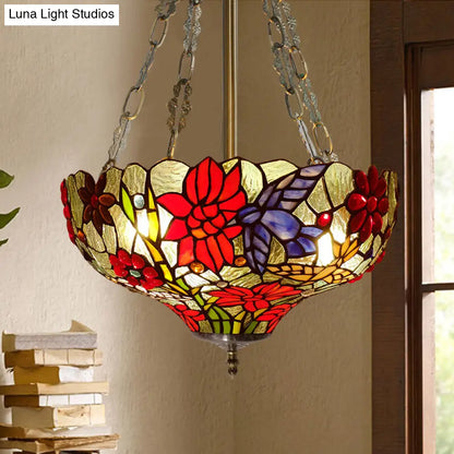 DecorBites™ Tiffany Stained Glass Flower Semi-Flush Ceiling Light with 3 Red Heads