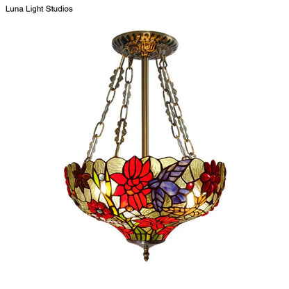 DecorBites™ Tiffany Stained Glass Flower Semi-Flush Ceiling Light with 3 Red Heads