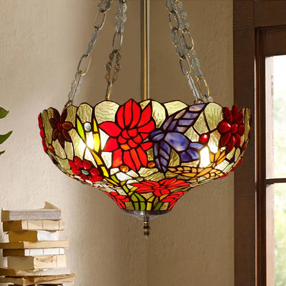 DecorBites™ Tiffany Stained Glass Flower Semi-Flush Ceiling Light with 3 Red Heads
