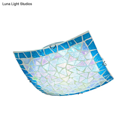 Tiffany Stained Glass Flush Light with Blue/White Convex Design - Perfect for Living Room (12"/16" Width)