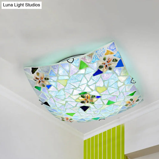 Tiffany Stained Glass Flush Light with Blue/White Convex Design - Perfect for Living Room (12"/16" Width)