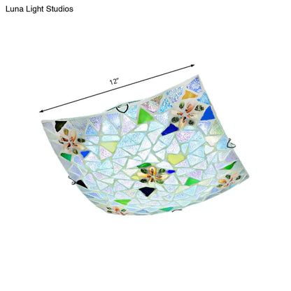 Tiffany Stained Glass Flush Light with Blue/White Convex Design - Perfect for Living Room (12"/16" Width)