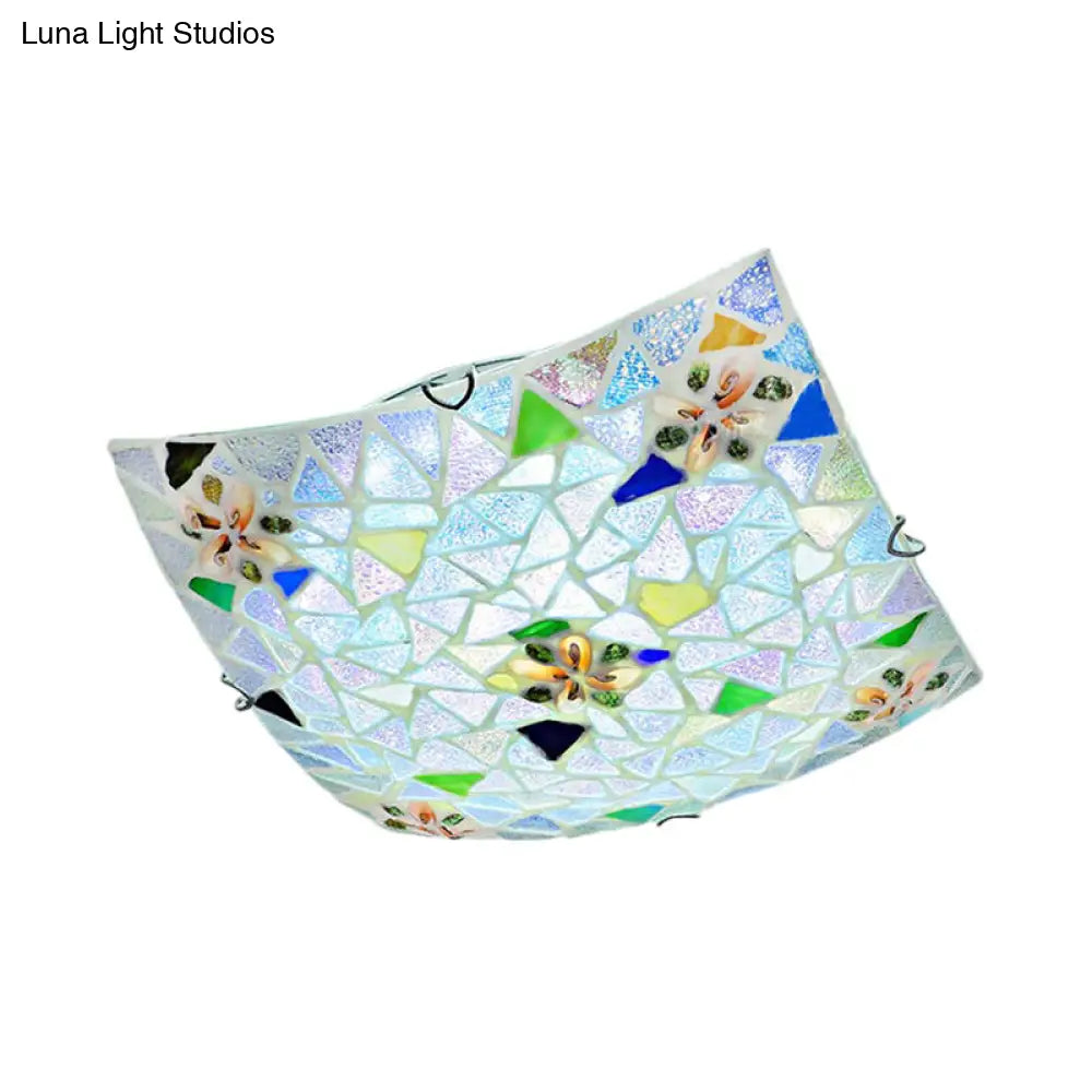 Tiffany Stained Glass Flush Light with Blue/White Convex Design - Perfect for Living Room (12"/16" Width)