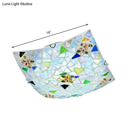 Tiffany Stained Glass Flush Light with Blue/White Convex Design - Perfect for Living Room (12"/16" Width)