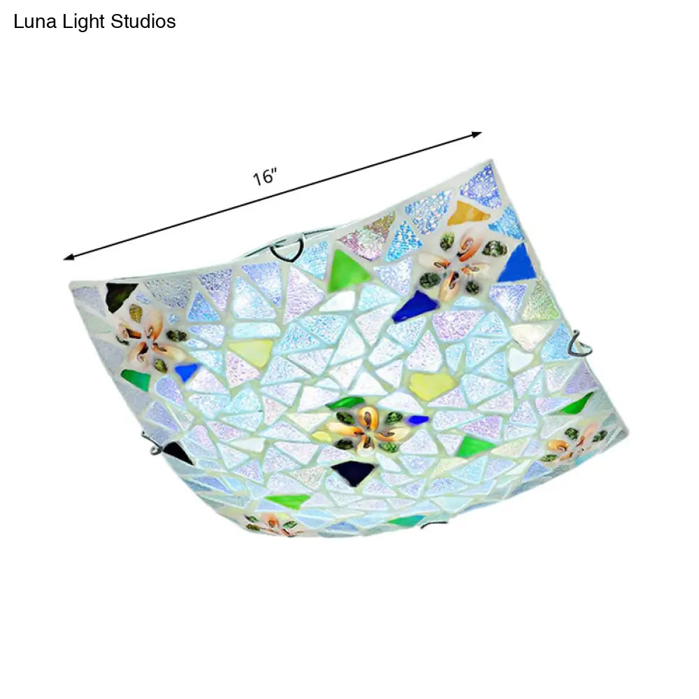 Tiffany Stained Glass Flush Light with Blue/White Convex Design - Perfect for Living Room (12"/16" Width)