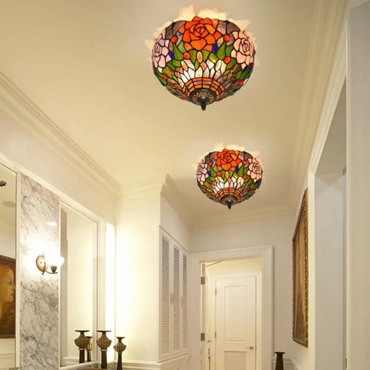 DecorBites™ DecorBites™ Tiffany Stained Glass Flush Mount Ceiling Light - Multicolored Brass Blossom Fixture, 2 Bulb