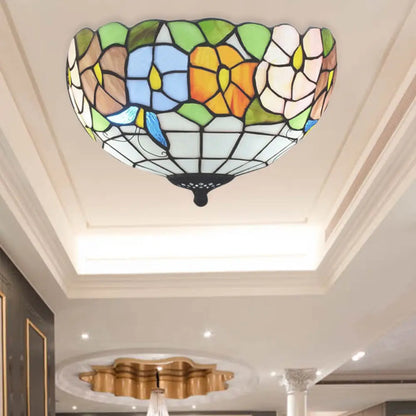 DecorBites™ DecorBites™ Tiffany Stained Glass Flush Mount Lighting with Flower and Butterfly Pattern in White - Bowl Shade Flush Mount