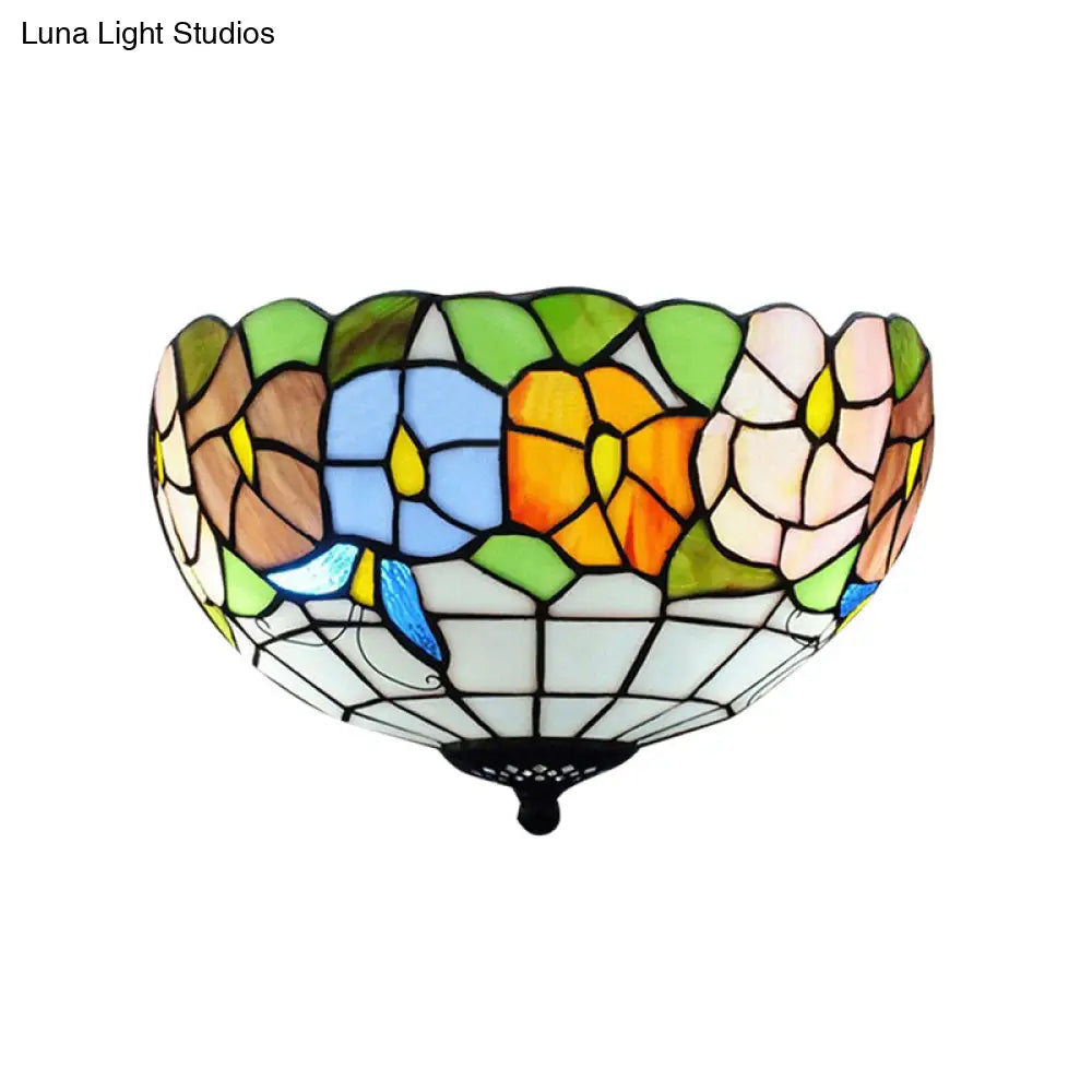 DecorBites™ DecorBites™ Tiffany Stained Glass Flush Mount Lighting with Flower and Butterfly Pattern in White - Bowl Shade Flush Mount