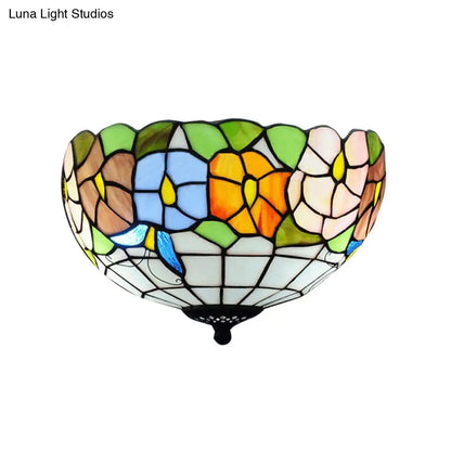 DecorBites™ DecorBites™ Tiffany Stained Glass Flush Mount Lighting with Flower and Butterfly Pattern in White - Bowl Shade Flush Mount