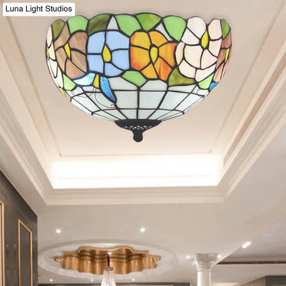 DecorBites™ DecorBites™ Tiffany Stained Glass Flush Mount Lighting with Flower and Butterfly Pattern in White - Bowl Shade Flush Mount