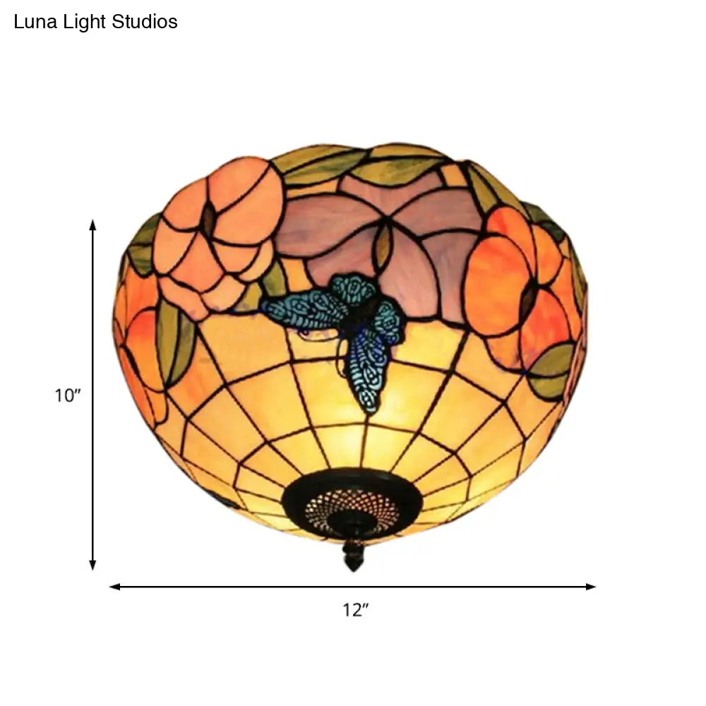 DecorBites™ DecorBites™ Tiffany Stained Glass Flush Mount Lighting with Flower and Butterfly Pattern in White - Bowl Shade Flush Mount