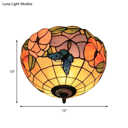DecorBites™ DecorBites™ Tiffany Stained Glass Flush Mount Lighting with Flower and Butterfly Pattern in White - Bowl Shade Flush Mount