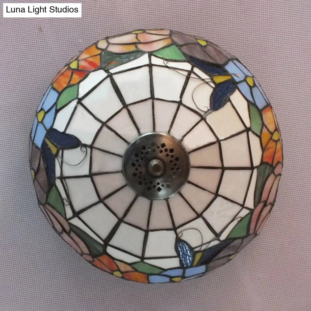 DecorBites™ DecorBites™ Tiffany Stained Glass Flush Mount Lighting with Flower and Butterfly Pattern in White - Bowl Shade Flush Mount