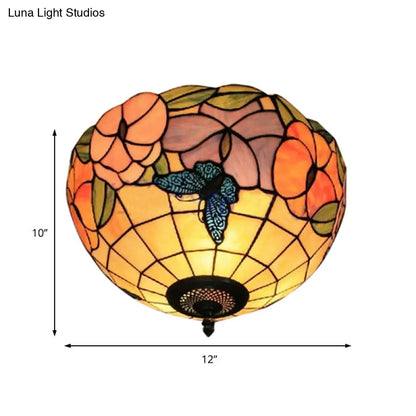 DecorBites™ DecorBites™ Tiffany Stained Glass Flush Mount Lighting with Flower and Butterfly Pattern in White - Bowl Shade Flush Mount