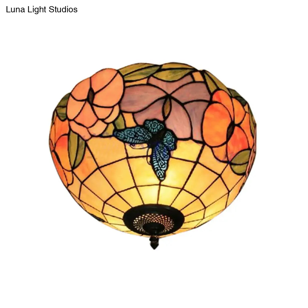 DecorBites™ DecorBites™ Tiffany Stained Glass Flush Mount Lighting with Flower and Butterfly Pattern in White - Bowl Shade Flush Mount
