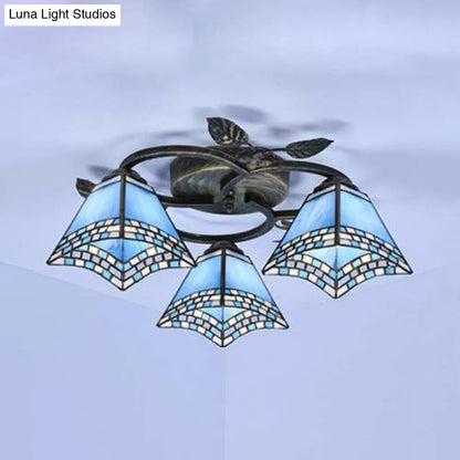 DecorBites™ DecorBites™ Tiffany Stained Glass Geometric Ceiling Light - Bronze Flushmount with 3 Lights