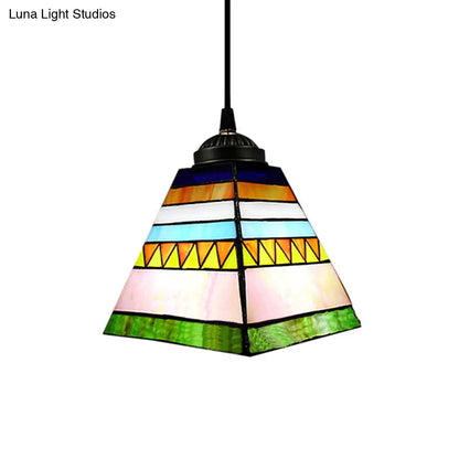 Tiffany Stained Glass Hanging Pendant Light - Yellow/Pink Pyramid Design