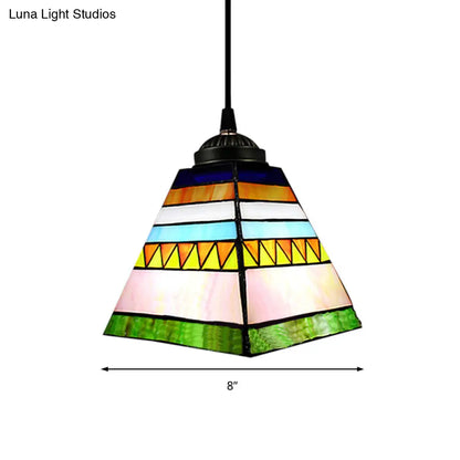 Tiffany Stained Glass Hanging Pendant Light - Yellow/Pink Pyramid Design