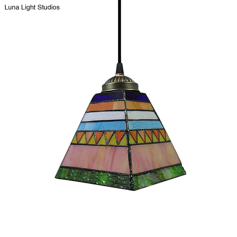 Tiffany Stained Glass Hanging Pendant Light - Yellow/Pink Pyramid Design