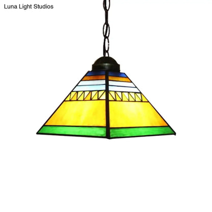 Tiffany Stained Glass Hanging Pendant Light - Yellow/Pink Pyramid Design