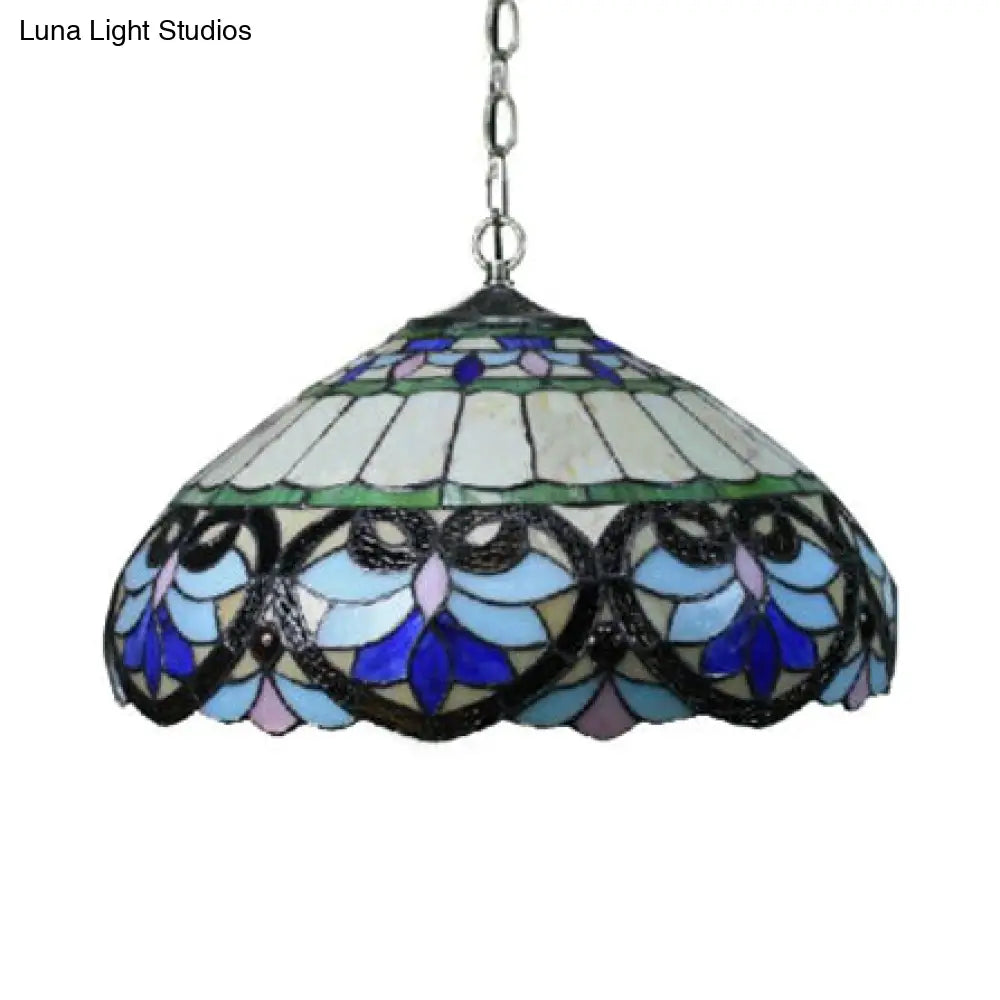 Tiffany Stained Glass Pendant Light with Flower Pattern - Purplish Blue Bowl Shade, 2 Lights