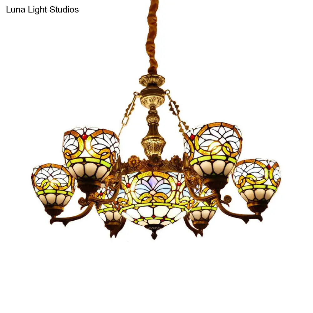 Tiffany Stained Glass Pendant with Flower Decoration and Cord: Bowl Hanging Ceiling Light