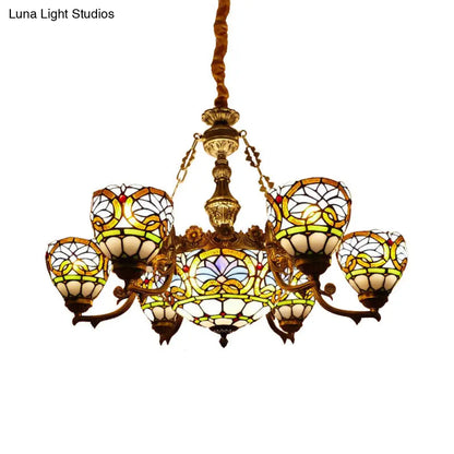 Tiffany Stained Glass Pendant with Flower Decoration and Cord: Bowl Hanging Ceiling Light