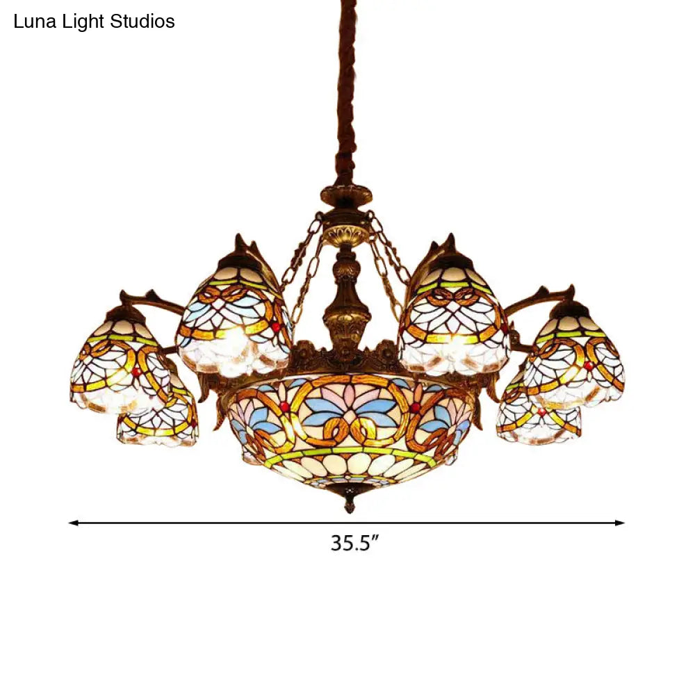 Tiffany Stained Glass Pendant with Flower Decoration and Cord: Bowl Hanging Ceiling Light