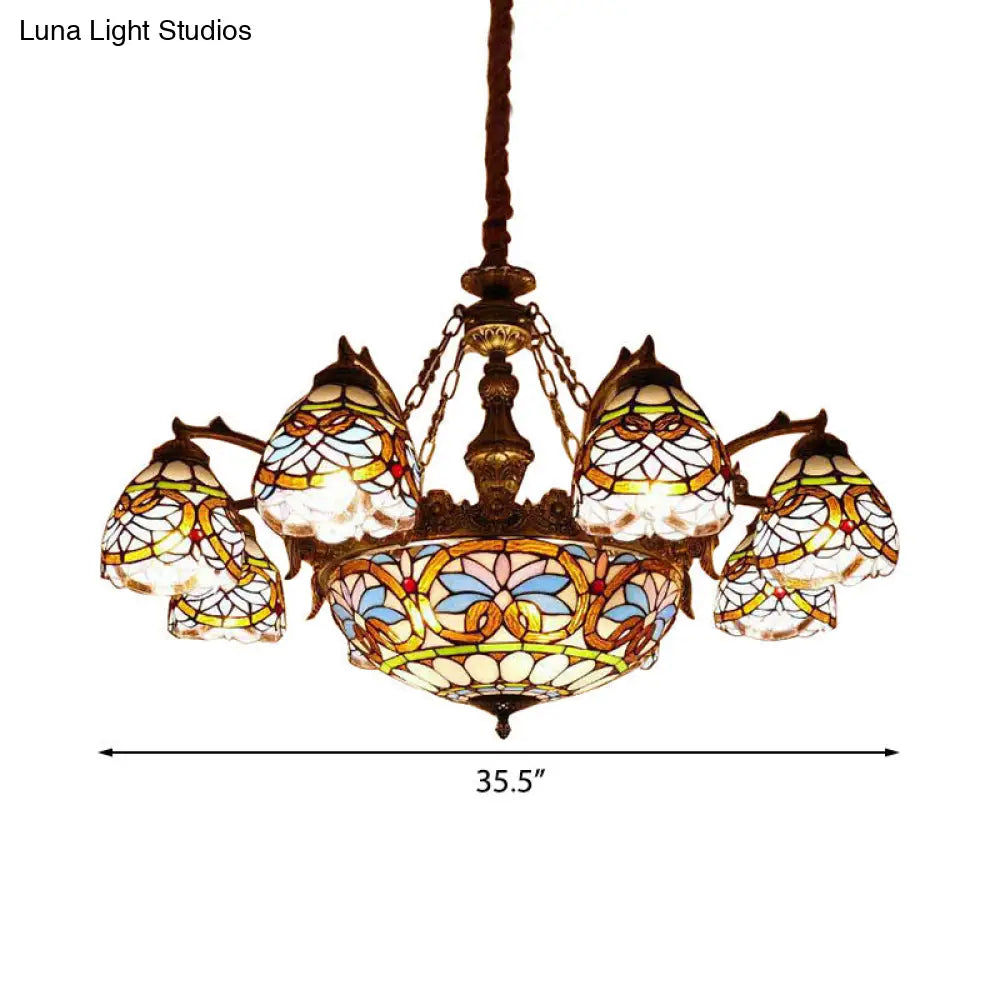 Tiffany Stained Glass Pendant with Flower Decoration and Cord: Bowl Hanging Ceiling Light