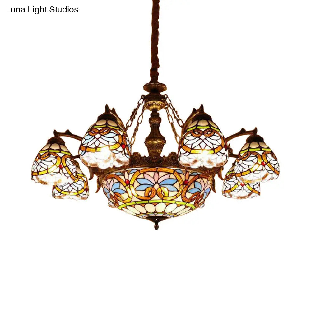 Tiffany Stained Glass Pendant with Flower Decoration and Cord: Bowl Hanging Ceiling Light