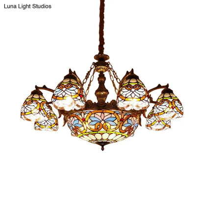 Tiffany Stained Glass Pendant with Flower Decoration and Cord: Bowl Hanging Ceiling Light