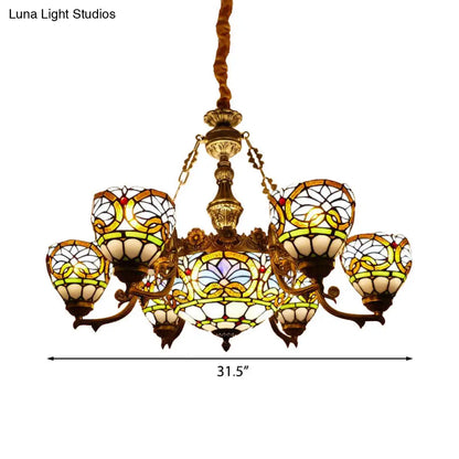 Tiffany Stained Glass Pendant with Flower Decoration and Cord: Bowl Hanging Ceiling Light