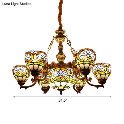 Tiffany Stained Glass Pendant with Flower Decoration and Cord: Bowl Hanging Ceiling Light