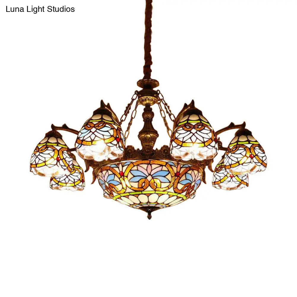 Tiffany Stained Glass Pendant with Flower Decoration and Cord: Bowl Hanging Ceiling Light