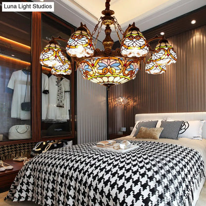 Tiffany Stained Glass Pendant with Flower Decoration and Cord: Bowl Hanging Ceiling Light