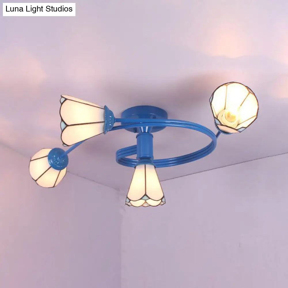 DecorBites™ DecorBites™ Tiffany Stained Glass Semi-Flush Light with White/Blue Motif - Ideal for Bedroom Ambiance