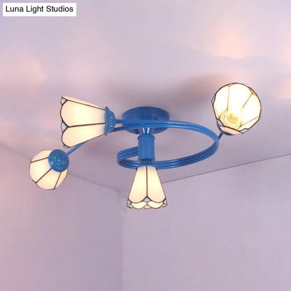 DecorBites™ DecorBites™ Tiffany Stained Glass Semi-Flush Light with White/Blue Motif - Ideal for Bedroom Ambiance
