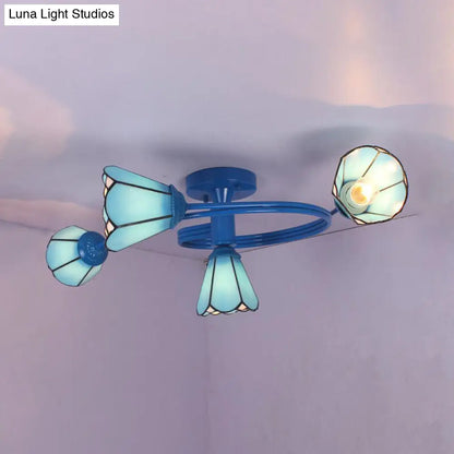 DecorBites™ DecorBites™ Tiffany Stained Glass Semi-Flush Light with White/Blue Motif - Ideal for Bedroom Ambiance