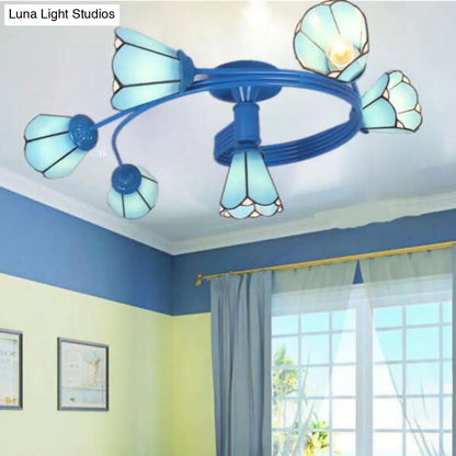 DecorBites™ DecorBites™ Tiffany Stained Glass Semi-Flush Light with White/Blue Motif - Ideal for Bedroom Ambiance