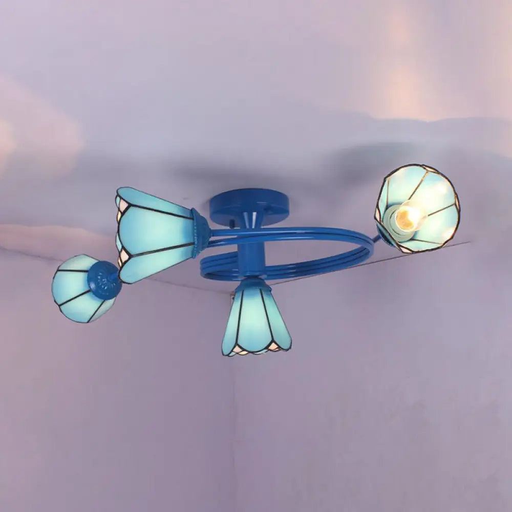 DecorBites™ DecorBites™ Tiffany Stained Glass Semi-Flush Light with White/Blue Motif - Ideal for Bedroom Ambiance