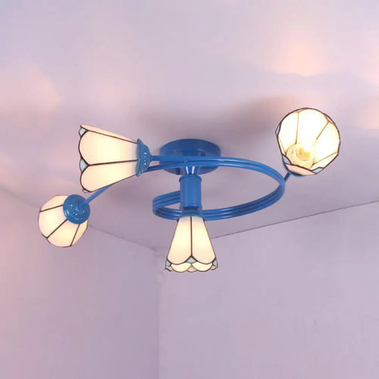 DecorBites™ DecorBites™ Tiffany Stained Glass Semi-Flush Light with White/Blue Motif - Ideal for Bedroom Ambiance