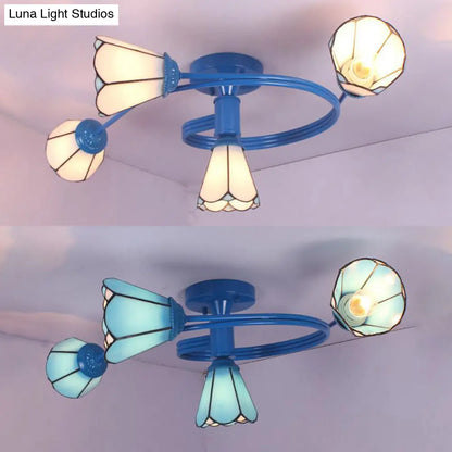 DecorBites™ DecorBites™ Tiffany Stained Glass Semi-Flush Light with White/Blue Motif - Ideal for Bedroom Ambiance