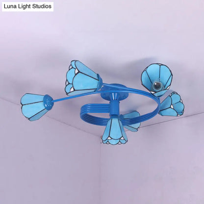 DecorBites™ DecorBites™ Tiffany Stained Glass Semi-Flush Light with White/Blue Motif - Ideal for Bedroom Ambiance