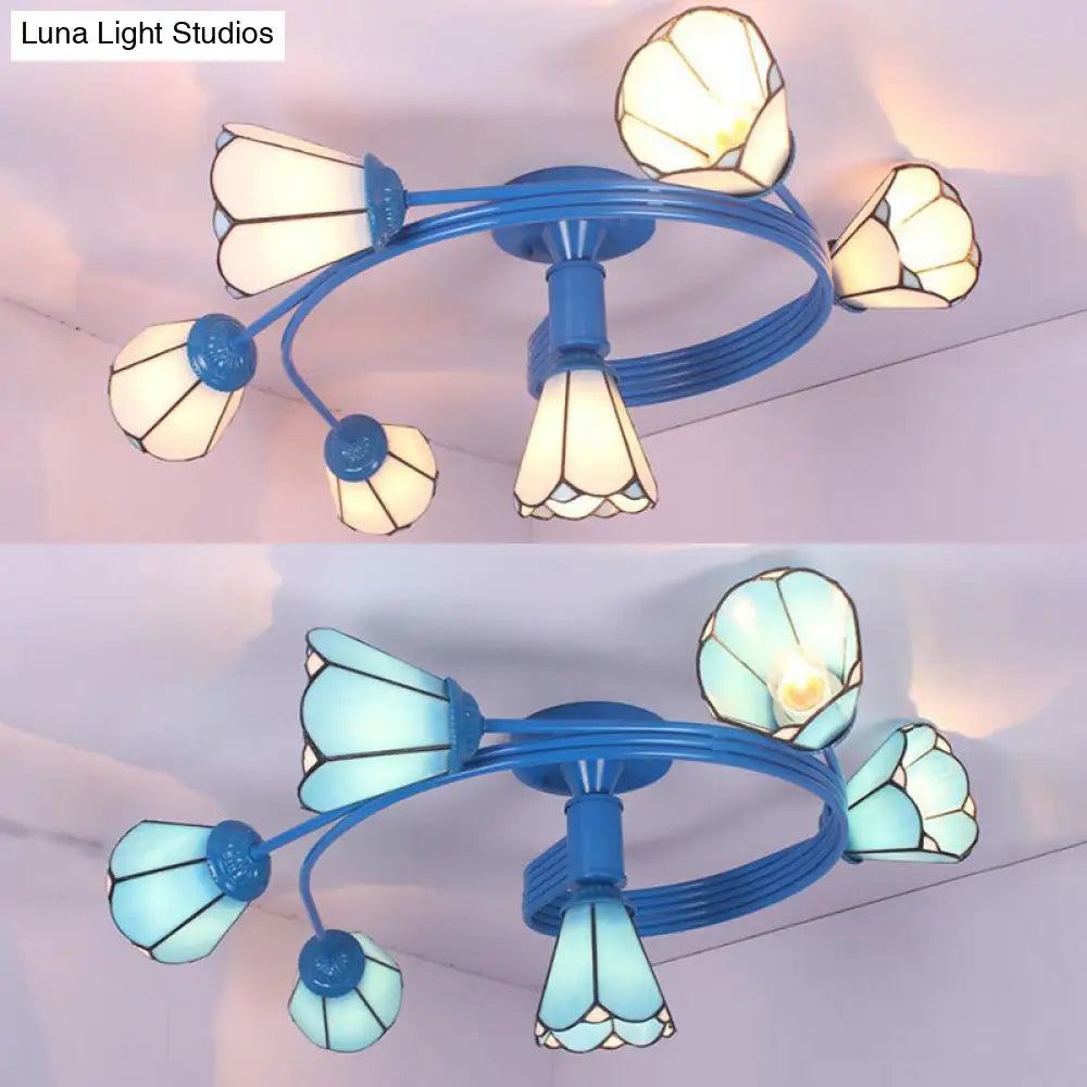DecorBites™ DecorBites™ Tiffany Stained Glass Semi-Flush Light with White/Blue Motif - Ideal for Bedroom Ambiance