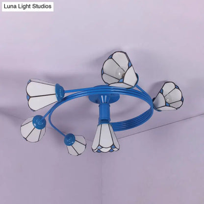 DecorBites™ DecorBites™ Tiffany Stained Glass Semi-Flush Light with White/Blue Motif - Ideal for Bedroom Ambiance